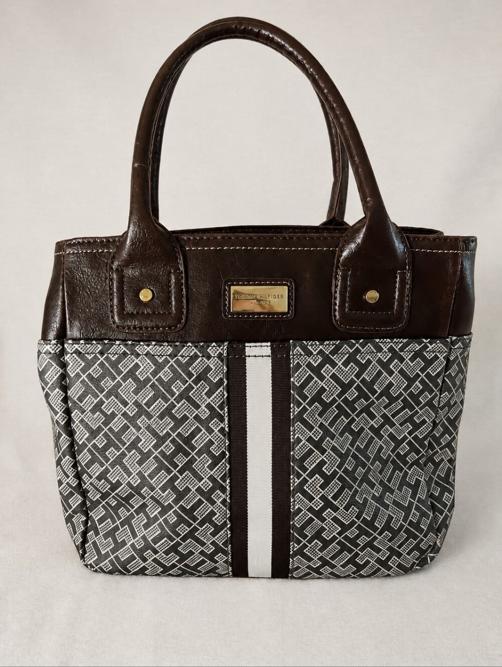 TOMMY HILFIGER Chocolate Brown Monogram Tote Handbag Gold Hardware Y2K